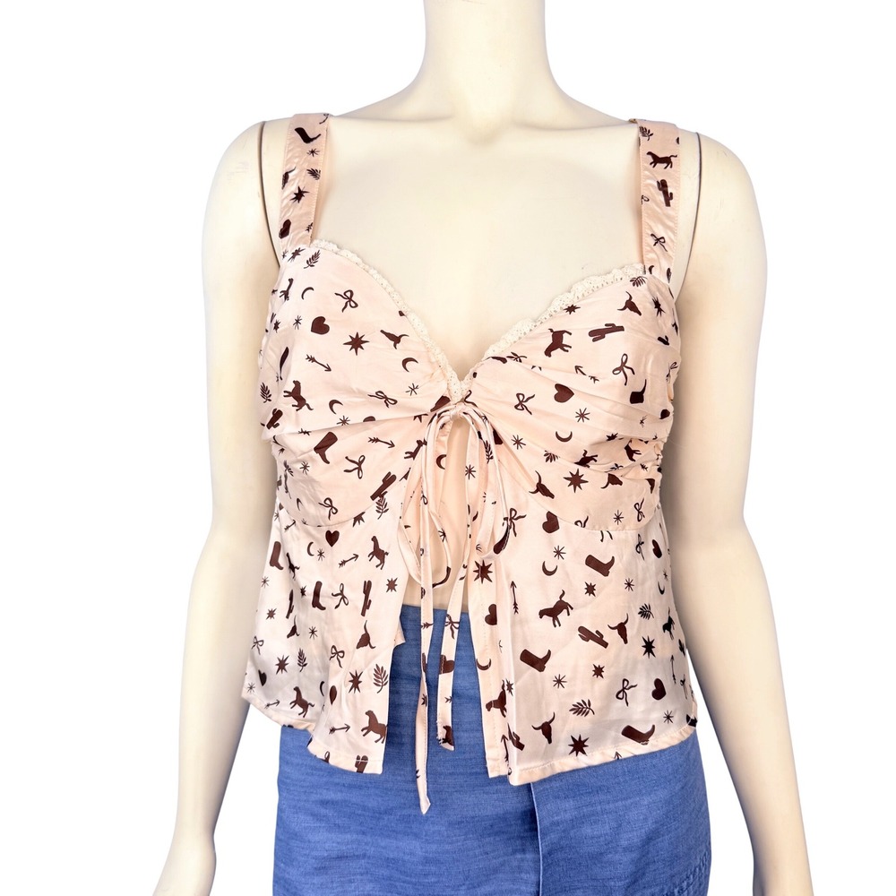 Lelis Collection Cami Tank Top Womens Medium Pink Western Cowboy Print Tie Front - Picture 1 of 9